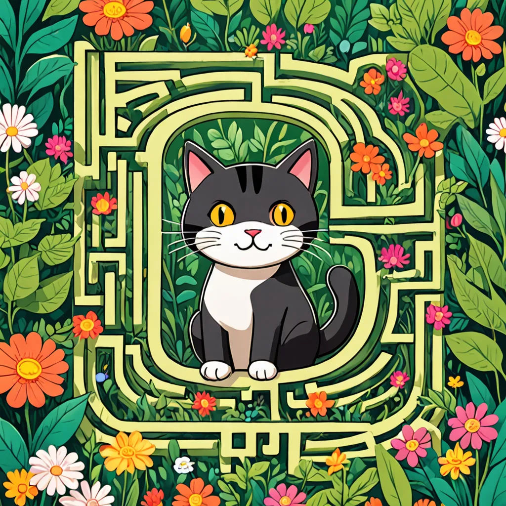 a cat sitting in a maze surrounded by flowers and plants with a letter d in the middle of the maze, psychedelic art, a storybook illustration, Diego Gisbert Llorens, josan gonzales and dan mumford