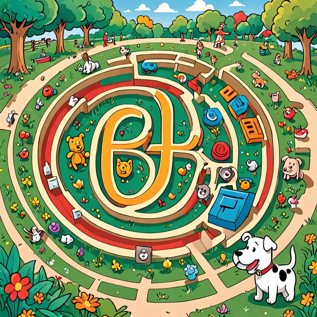 a cartoon of a maze with a dog and a bear on it and a number six in the middle, furry art, a storybook illustration, Enguerrand Quarton, promotional image