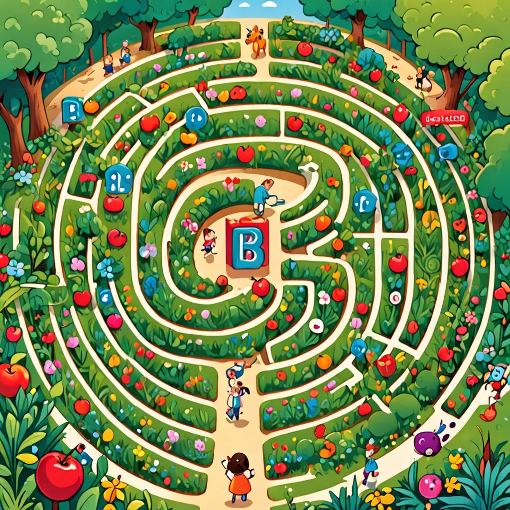 a maze with a child and an apple tree in the middle of it, surrounded by a garden and a park, lyco art, a storybook illustration, Asaf Hanuka, promotional image