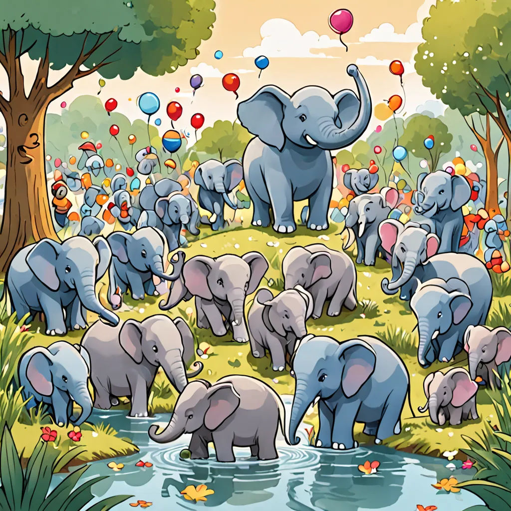 a herd of elephants walking across a lush green field next to a river filled with balloons and trees with balloons floating in the air, magical realism, a storybook illustration, Chris LaBrooy, storybook illustration