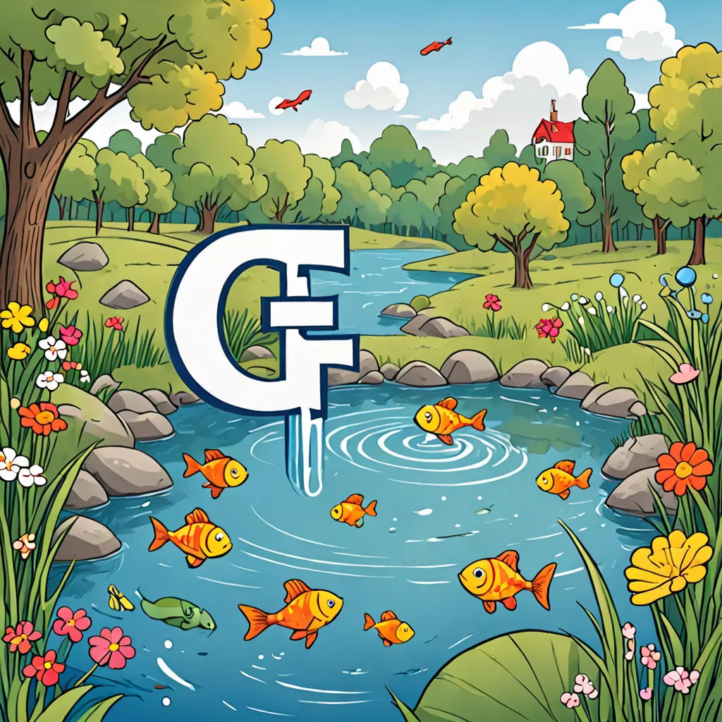 a cartoon of a river with a capital g in the middle of it and a lot of fish in the water, environmental art, a storybook illustration, Chris LaBrooy, 2 d game art