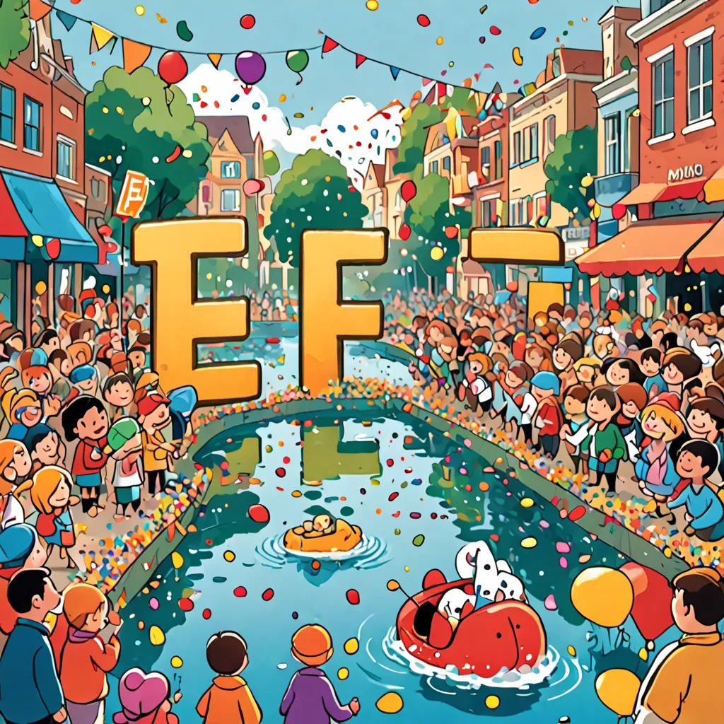 a cartoon of a crowd of people watching a parade float by in the water with a float in the middle, ecological art, a storybook illustration, Eppo Doeve, promotional image