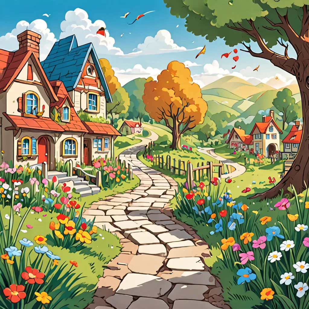a cartoon of a country road with a house and flowers on it and a bird flying over the house, american scene painting, a storybook illustration, Chris LaBrooy, official art