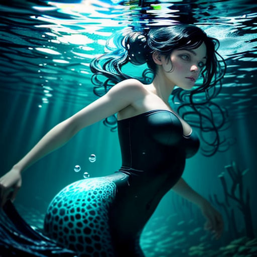 a woman in a black dress under water with a fish tail on her head and a fish tail on her head