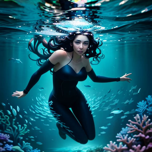 a woman in a black bodysuit is swimming in the water with fish around her and a man in a black suit is standing behind her