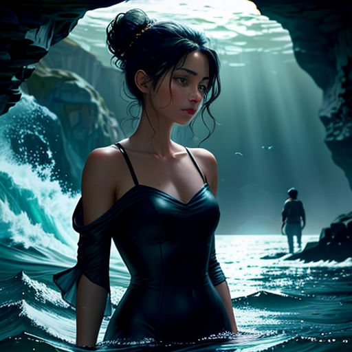a woman in a wet suit standing in the water in a cave with a man in the background and a man in the background