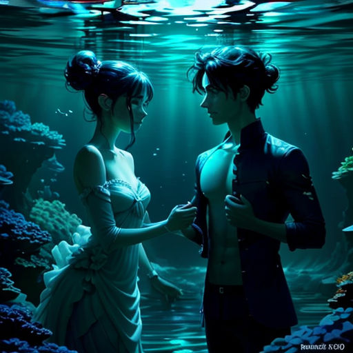 a man and a woman standing under water in a underwater scene with a fish tank in the background and a man in a suit and tie