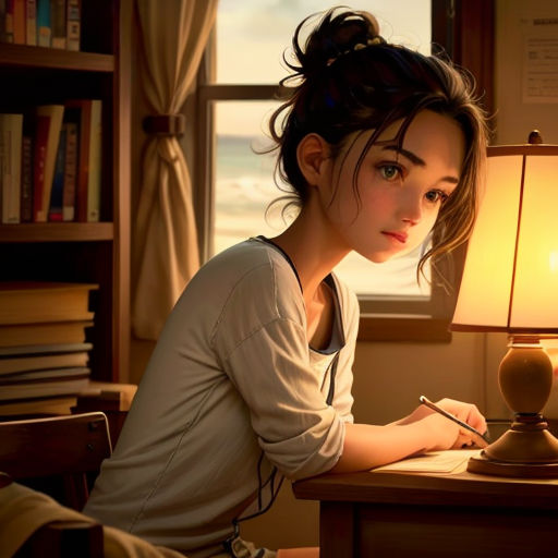 a woman sitting at a desk writing on a piece of paper next to a lamp and a window with a view of the ocean