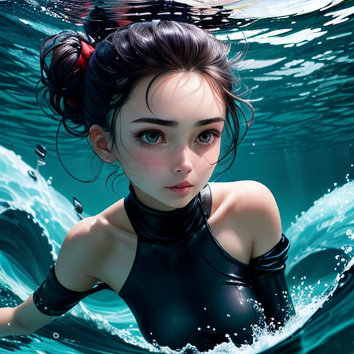 a woman in a wetsuit swimming in the ocean with a fish in her hand and a fish in her mouth