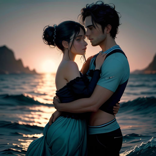 a couple is hugging in the water at sunset with the sun setting behind them and the water is very choppy