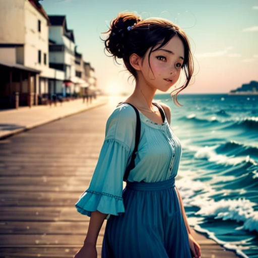 a woman standing on a pier next to the ocean at sunset or sunset time, with a blue dress on