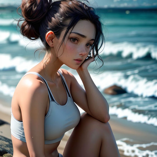 a woman sitting on a beach next to the ocean with her hand on her cheek and her head in her hair