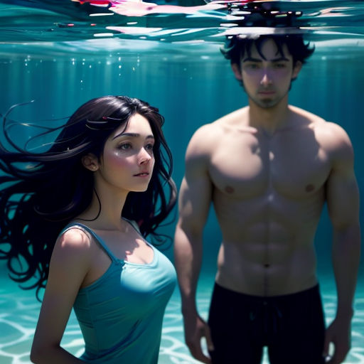 a man and a woman standing in the water under the water, with a man looking at the woman