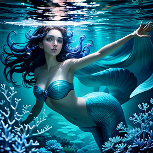 a woman in a blue bikini is swimming in the water with a fish in her hand and a fish in her hand