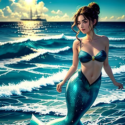 a mermaid with a blue tail standing on a beach next to the ocean with a ship in the background