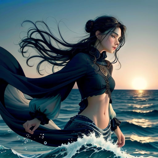 a woman in a black top and skirt standing on a wave in the ocean with her hair blowing in the wind