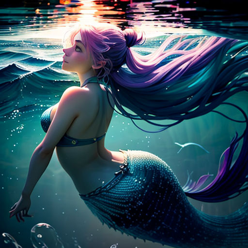 a mermaid with long hair swimming in the ocean at night with the sun shining through the water and bubbles