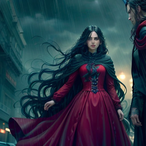 a man and woman dressed in medieval clothing standing in the rain with a dark background and a dark sky