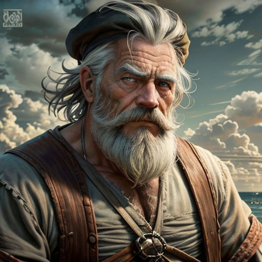 a man with a beard and a beard in a pirate outfit standing in front of a body of water