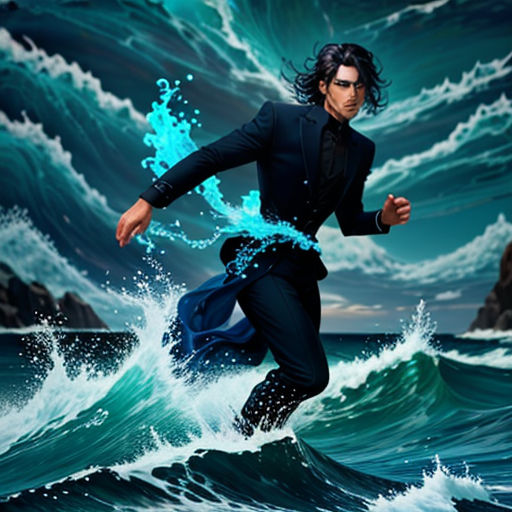 a man in a suit running through a wave in the ocean with a blue light coming from his hand