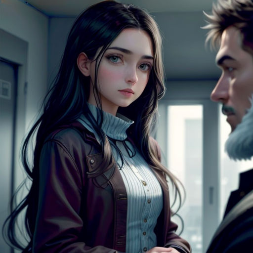 a man and a woman standing next to each other in a room with a window and a door in the background