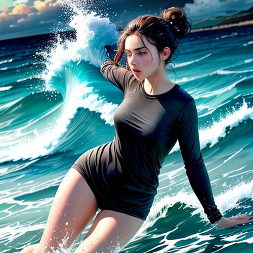 a woman in a black dress is surfing on a wave in the ocean with a sky background and clouds