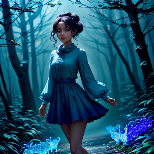 a woman in a blue dress walking through a forest with butterflies on it's wings and a blue dress on her shoulders