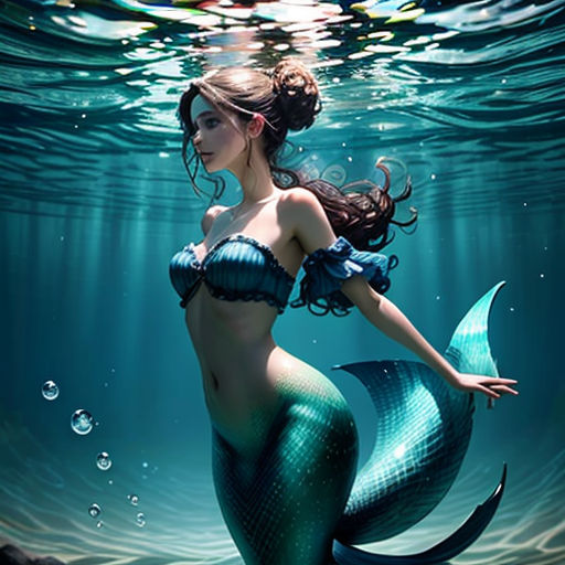 a woman in a bikini is under water with a fish tail and tail tail, and a fish tail is visible