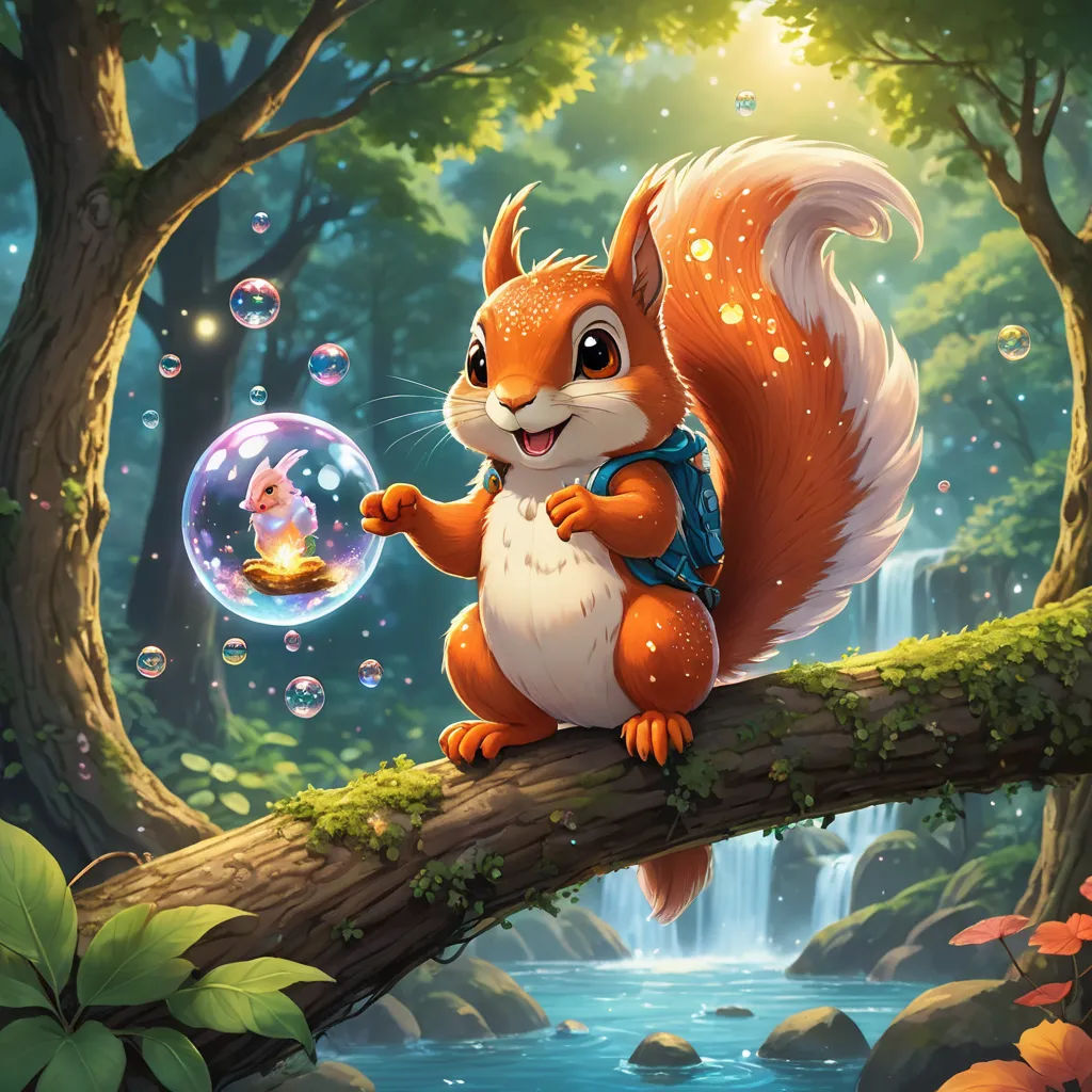 a squirrel is sitting on a tree branch and blowing bubbles in the air while holding a fish in its paws, fantasy art, a storybook illustration, Chris LaBrooy, splash art