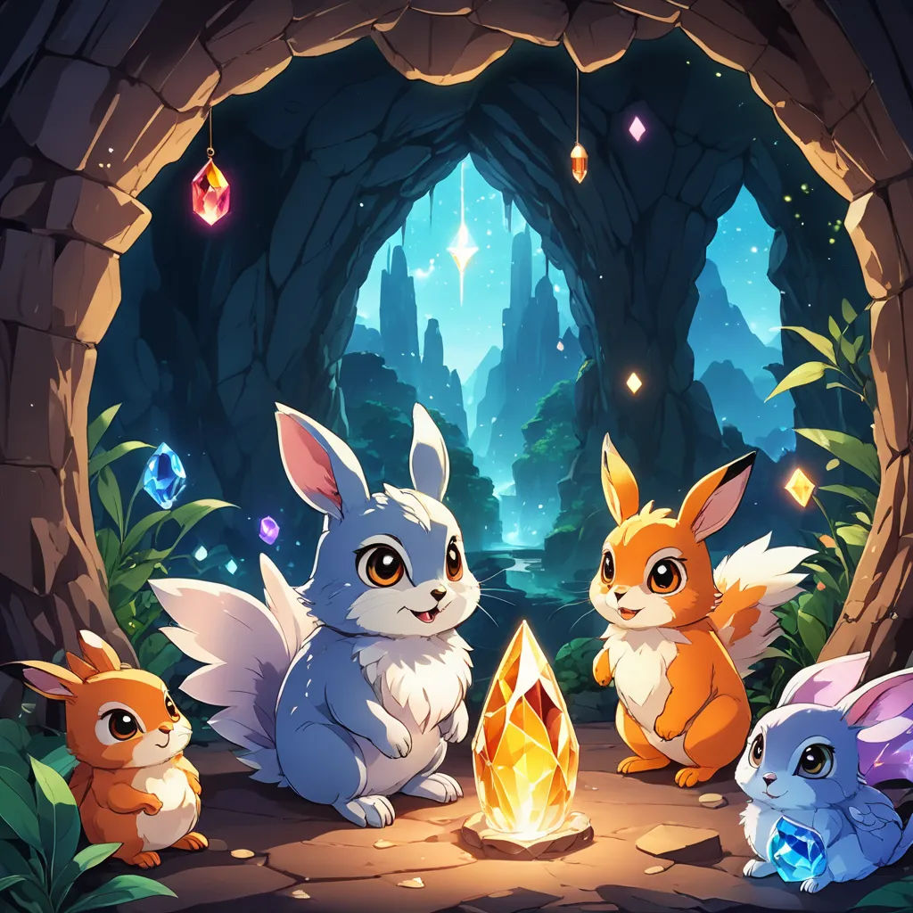 a group of animals sitting in front of a cave with a fire pit in it's center and a forest in the background, fantasy art, concept art, ESAO, rossdraws global illumination