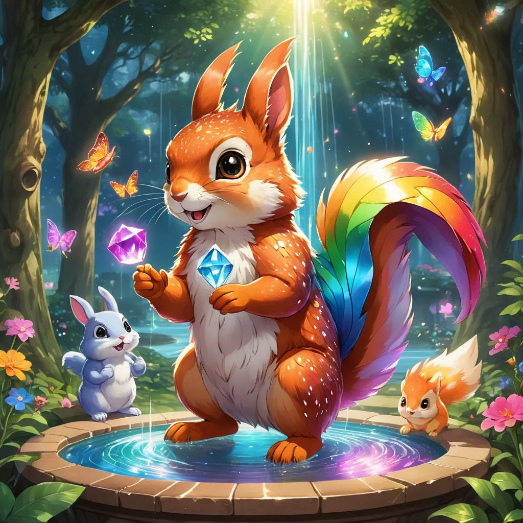 a cartoon squirrel and two rabbits are standing in a forest with a fountain of water and butterflies around it, furry art, concept art, Cedric Seaut (Keos Masons), splash art