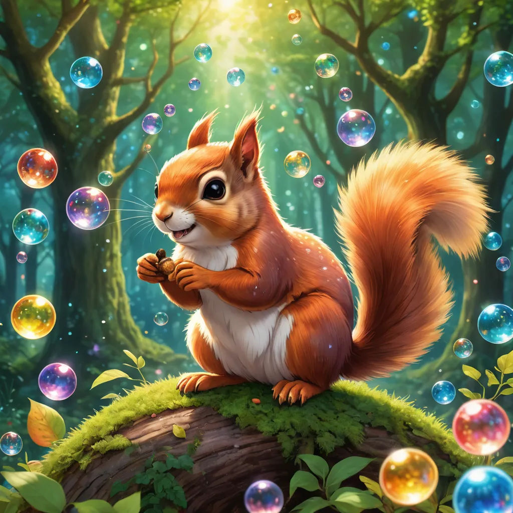 a squirrel is sitting on a tree stump surrounded by bubbles and bubbles in the air, with a sun shining through the trees, altermodern, concept art, Chris LaBrooy, magic the gathering artwork