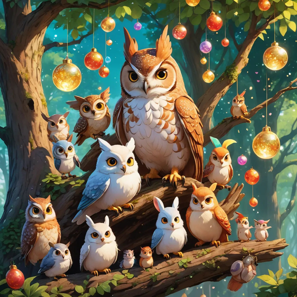 a painting of an owl family on a branch with ornaments hanging from the tree above it and a background of bubbles, fantasy art, a storybook illustration, Chris LaBrooy, rossdraws global illumination