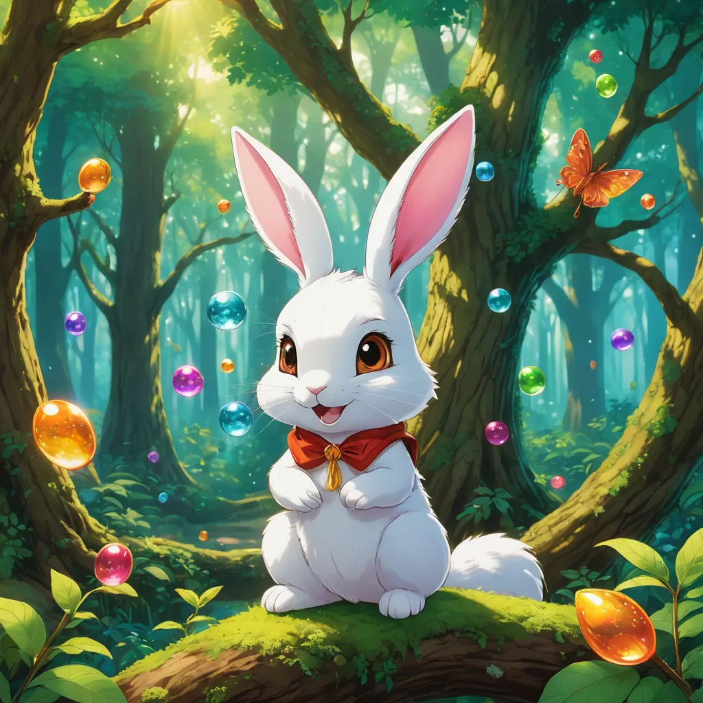 a white rabbit sitting on a tree branch in a forest with bubbles floating around it and a butterfly flying above, furry art, a detailed painting, Chris LaBrooy, official art