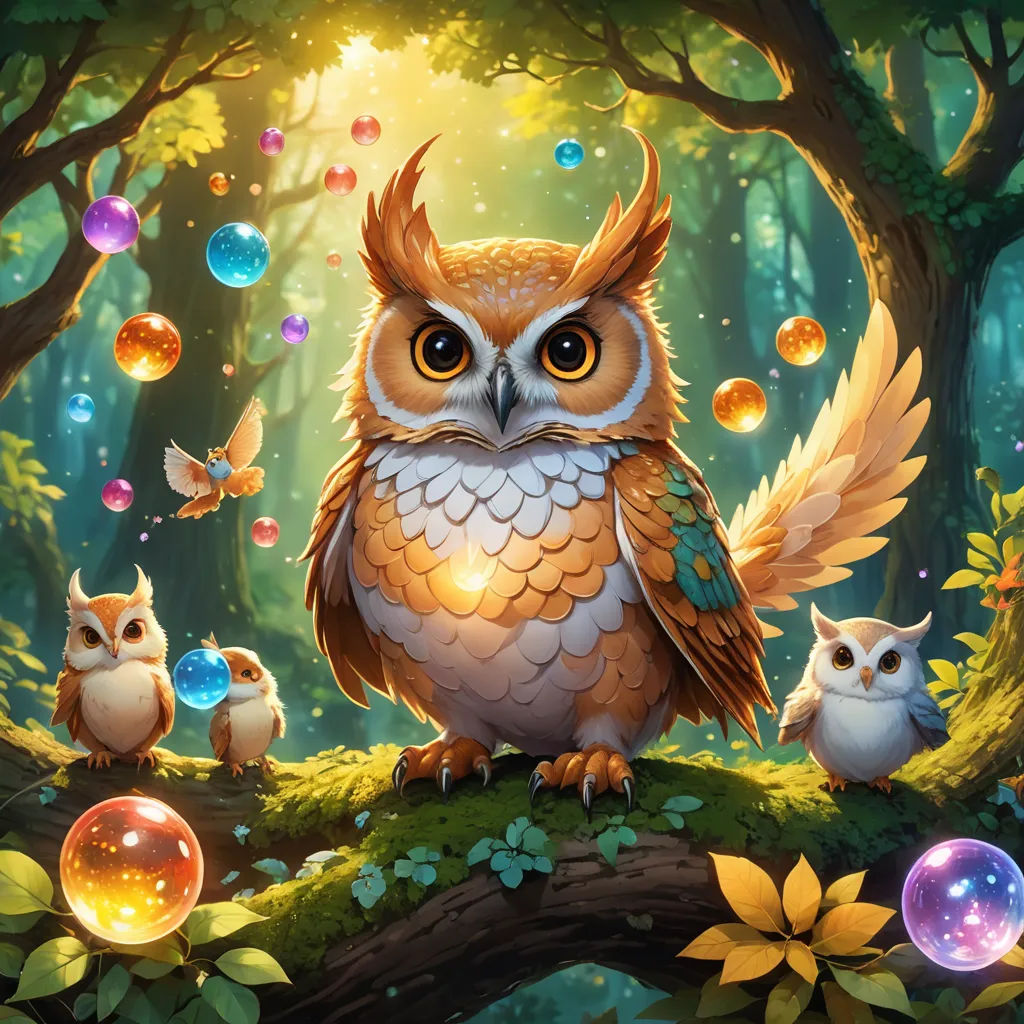 a painting of an owl and her babies in a forest with bubbles and bubbles floating around it's wings, fantasy art, concept art, Chris LaBrooy, rossdraws global illumination