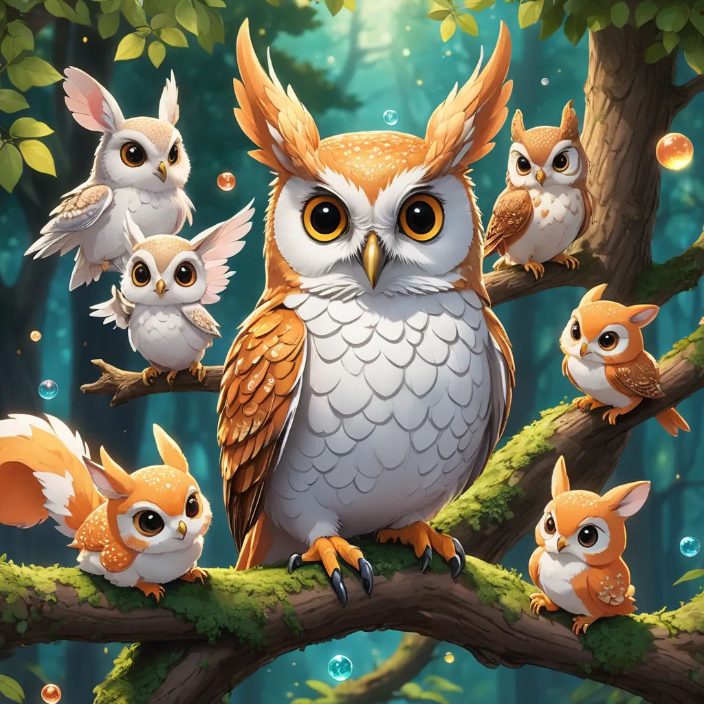 a group of owls sitting on a tree branch in a forest with bubbles of water on its wings and eyes, fantasy art, a storybook illustration, Chris LaBrooy, rossdraws global illumination