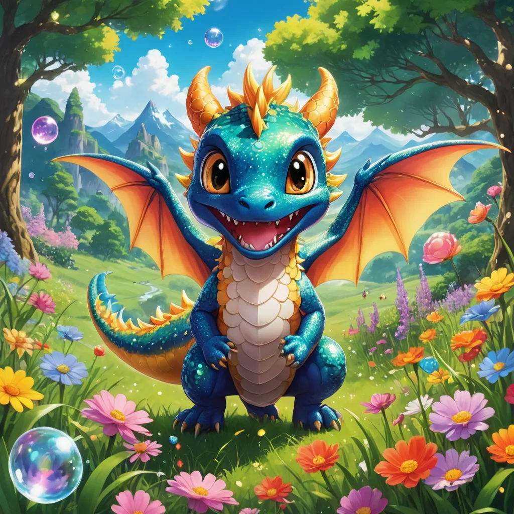a blue dragon with orange wings and a yellow tail sitting in a field of flowers and bubbles with a mountain in the background, fantasy art, concept art, Abidin Dino, dragon art
