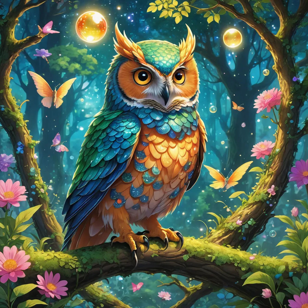a painting of an owl sitting on a branch in a forest with butterflies and bubbles floating around it's head, fantasy art, a detailed painting, Chris LaBrooy, fantasy artwork