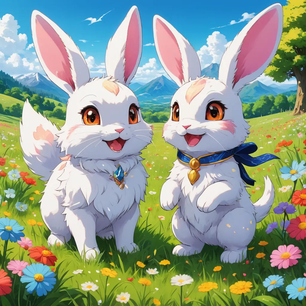 two white rabbits sitting in a field of flowers and grass with a sky background and clouds in the background, furry art, a detailed painting, Fan Qi, rossdraws global illumination