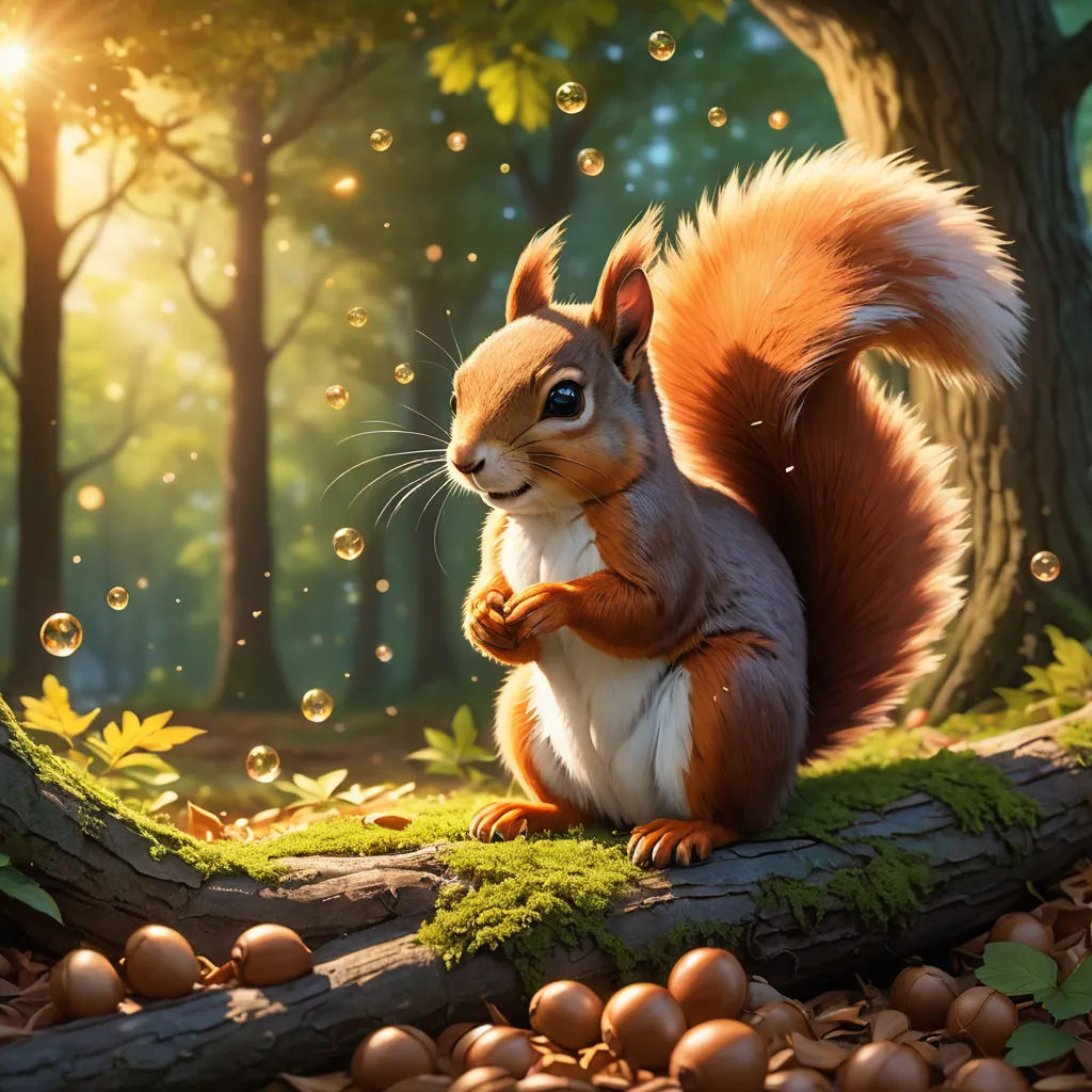a squirrel is sitting on a log in the woods with bubbles of water on it's tail and its paws, fantasy art, an airbrush painting, Chris LaBrooy, trending on art station