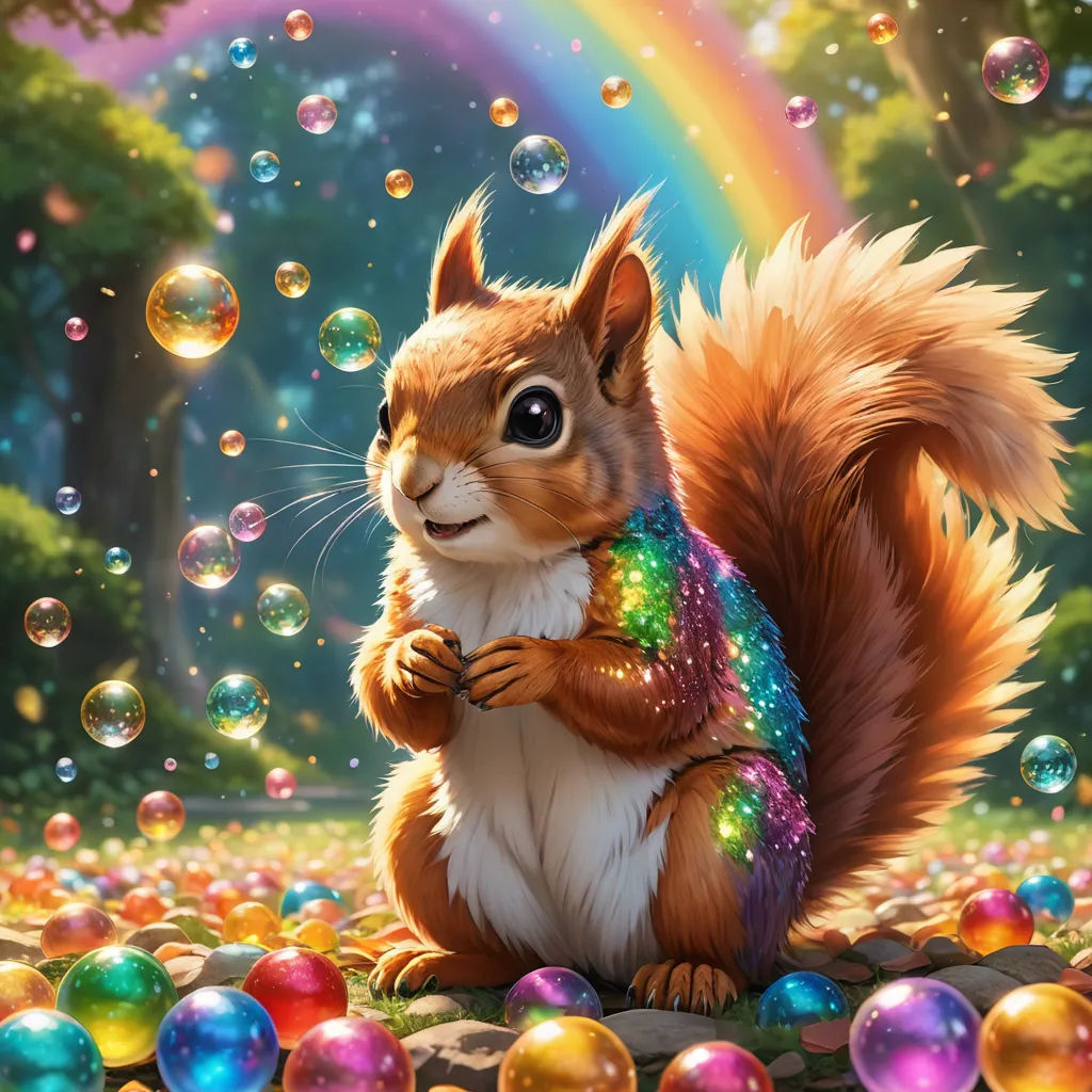 a squirrel is standing on its hind legs in front of a rainbow and bubbles background with a rainbow colored tree and rainbow colored balls, fantasy art, a fine art painting, Chris LaBrooy, magic the gathering artwork