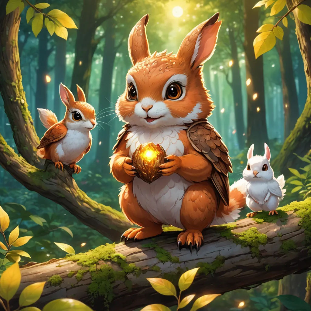 a painting of a rabbit holding a glowing ball in its paws while two rabbits look on from the tree branch, fantasy art, a detailed painting, Chris LaBrooy, rossdraws global illumination