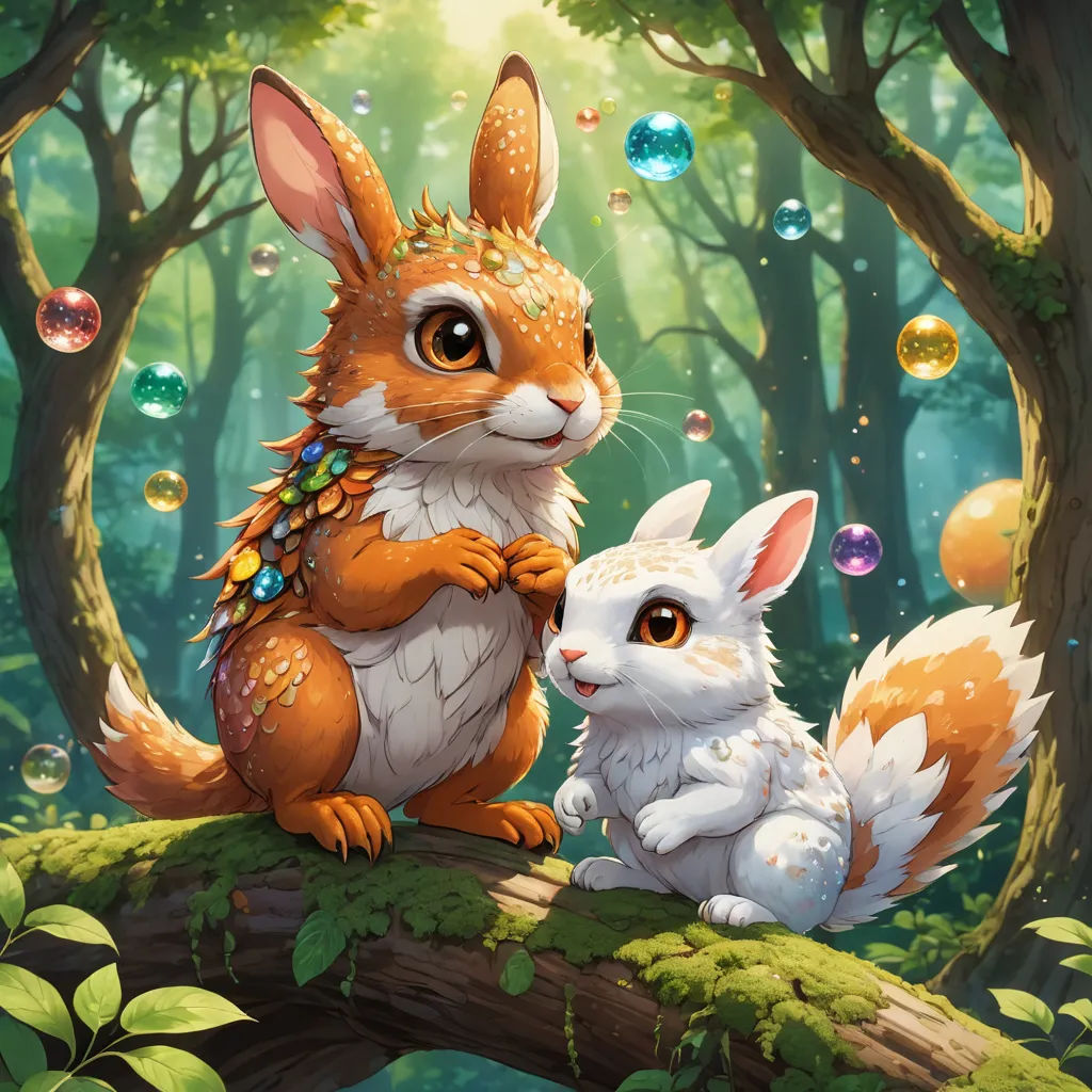a painting of a rabbit and a bunny rabbit sitting on a branch in a forest with bubbles floating around, altermodern, a detailed painting, Chris LaBrooy, official art