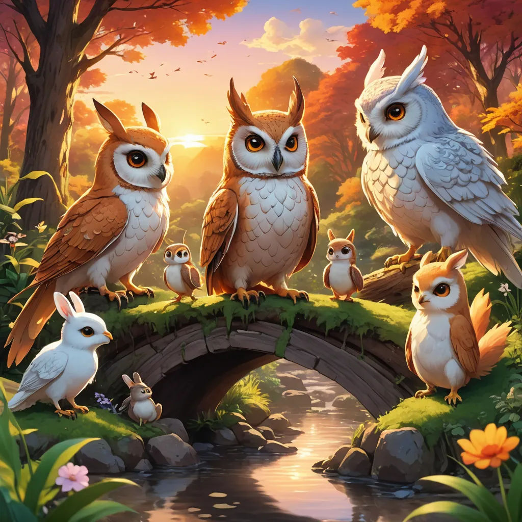 a painting of owls and rabbits on a bridge over a stream in a forest with a sunset in the background, fantasy art, a detailed painting, Chris LaBrooy, rossdraws global illumination