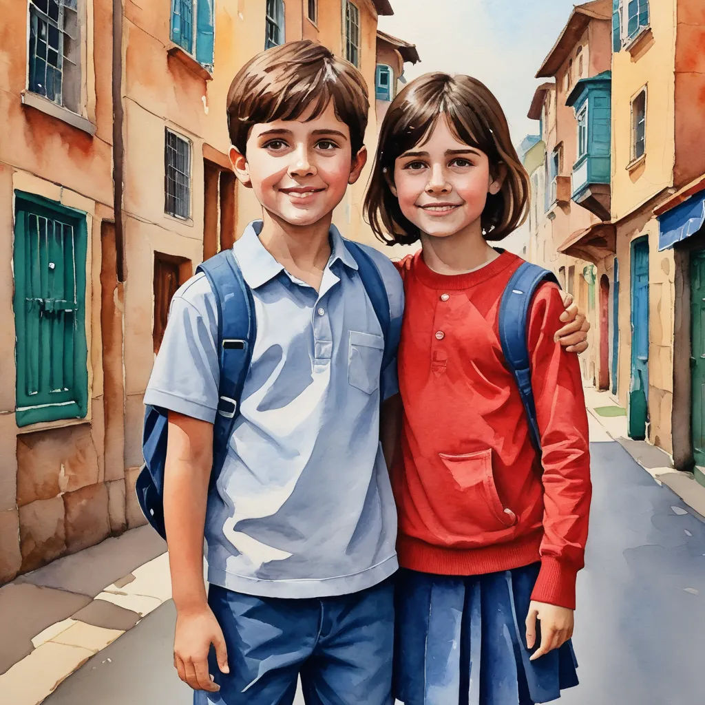 a painting of two children standing in front of a building with green shutters and a blue backpack on, photorealism, a photorealistic painting, Diego Gisbert Llorens, detailed painting