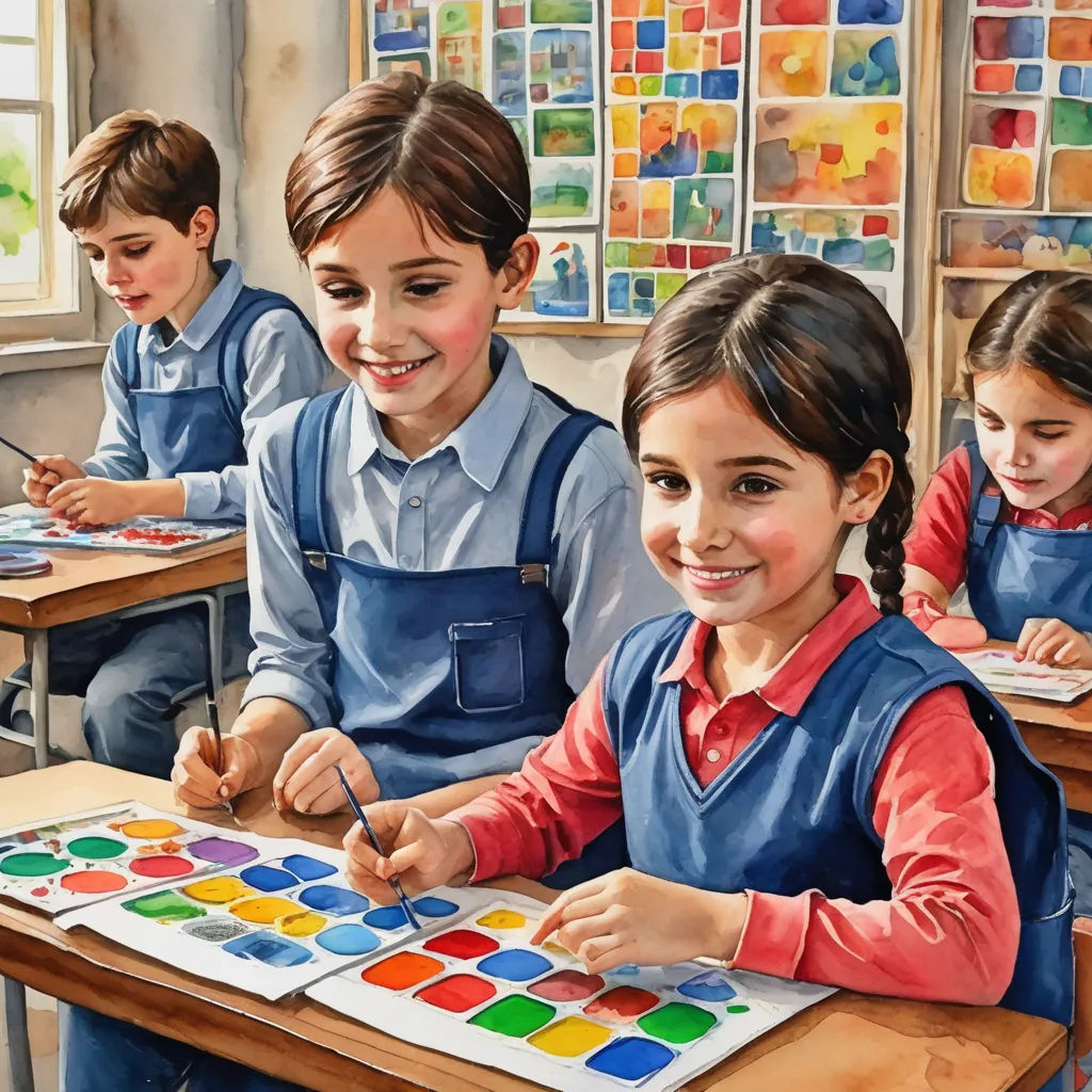 a painting of a group of children in a classroom with a palette and watercolors on a table, art & language, an ultrafine detailed painting, Brothers Hildebrandt, professional digital painting