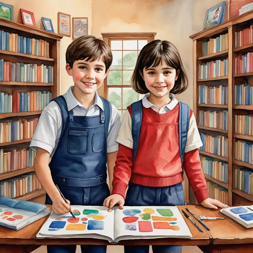 a painting of two children standing in front of a bookcase holding a book and a book with a picture of them, art & language, a storybook illustration, Bob Byerley, storybook illustration
