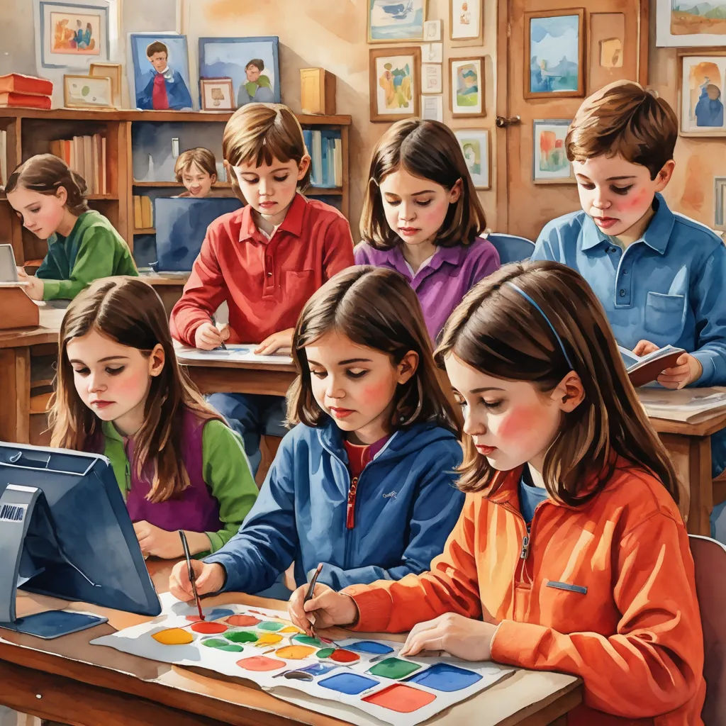 a painting of a group of children doing something on a table in a classroom with a laptop and a monitor, naive art, a detailed painting, Art Brenner, extremely detailed oil painting