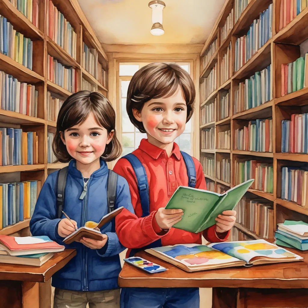 a painting of two children in a library holding books and a folder in their hands and looking at the camera, figurative art, a storybook illustration, Bob Byerley, storybook illustration