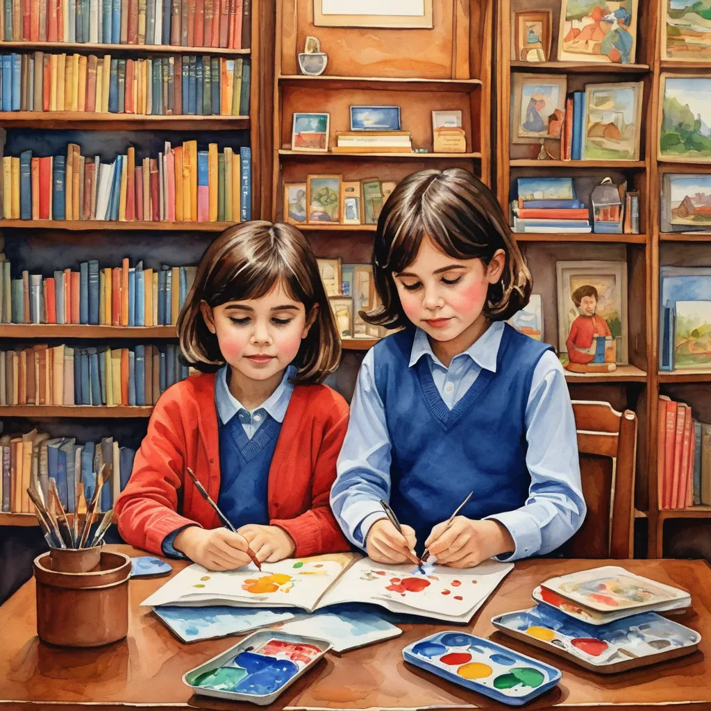 two children are sitting at a table with books and paintbrushes in front of them and a bookcase full of books, figurative art, a detailed painting, Bob Byerley, highly detailed oil painting